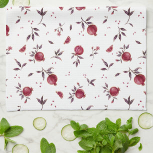 Elegant Burgundy Gold Pomegranate Watercolor Patte Tea Towel