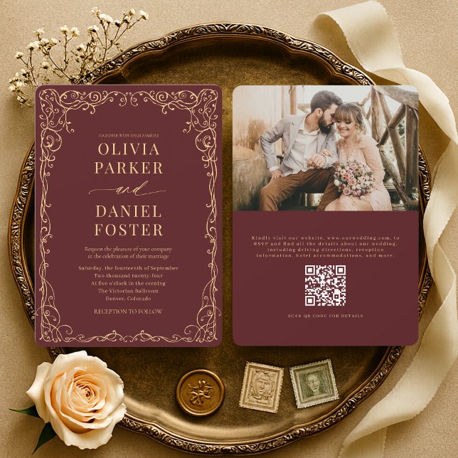 Elegant Burgundy Gold QR Code Photo Wedding Invitation (Creator Uploaded)
