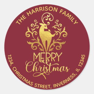 Elegant Burgundy Gold Reindeer Christmas Address Classic Round Sticker