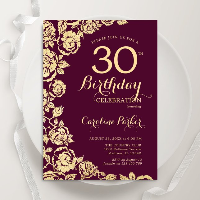 Elegant Burgundy Gold Roses 30th Birthday Invitation (Creator Uploaded)