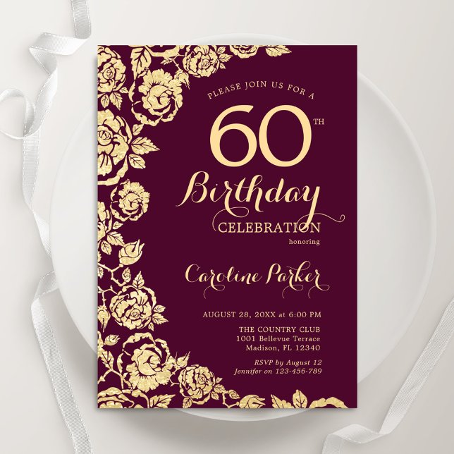 Elegant Burgundy Gold Roses 60th Birthday Invitation (Creator Uploaded)