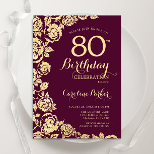 Elegant Burgundy Gold Roses 80th Birthday Invitation