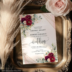 Elegant Burgundy Gold Roses Floral Wedding Invites