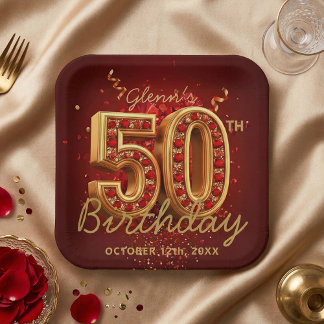 Elegant Burgundy Gold Ruby Gem 50th Birthday Party Paper Plate