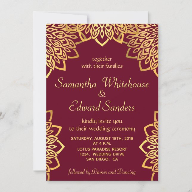Elegant Burgundy Gold Rustic Wedding Invitation (Front)