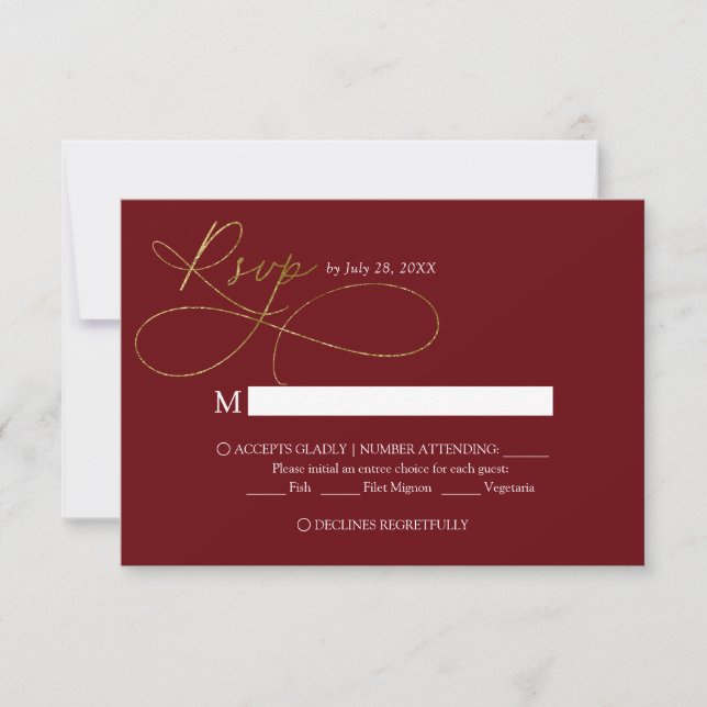Elegant Burgundy Gold Script Calligraphy Wedding RSVP Card (Front)