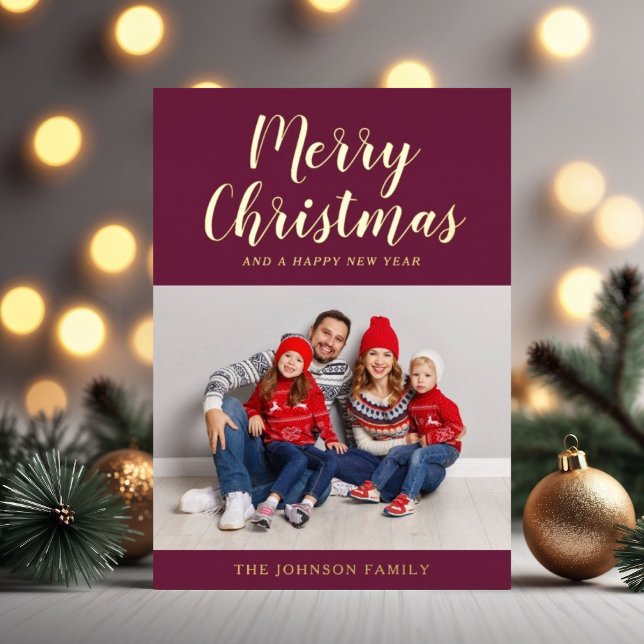 Elegant Burgundy Gold Script Christmas Photo (Modern Burgundy Script Christmas Gold Foil Holiday Card)