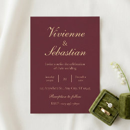 Elegant Burgundy Gold Script Minimalist Wedding Invitation