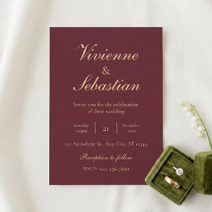 Elegant Burgundy Gold Script Minimalist Wedding Invitation