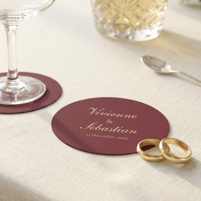 Elegant Burgundy Gold Script Minimalist Wedding Round Paper Coaster (Elegant Burgundy Gold Script Minimalist Wedding Round Paper Coaster)