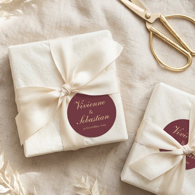 Elegant Burgundy Gold Script Wedding Stickers (Elegant Burgundy Gold Script Wedding Stickers)