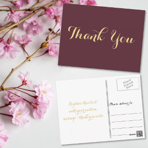 Elegant Burgundy Gold Script Wedding Thank You Postcard