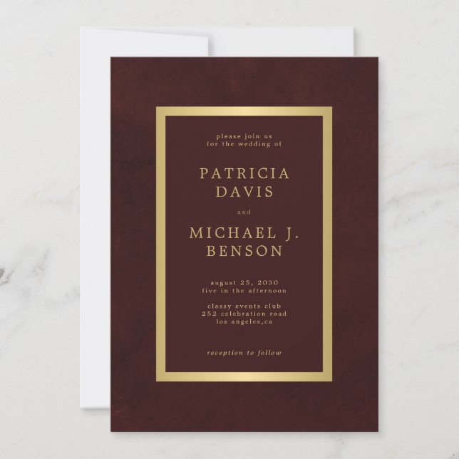 Elegant burgundy gold simple typography wedding invitation (Front)