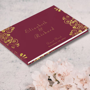 Elegant Burgundy Gold Swirls Script Wedding Guest Book