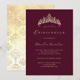 Elegant Burgundy Gold Tiara Quinceanera Invitation