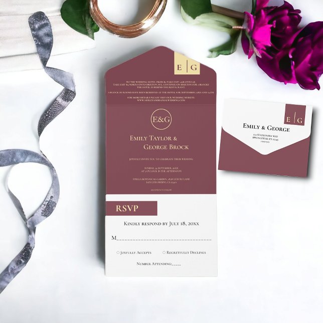 Elegant Burgundy Gold Typography Classy Wedding All In One Invitation (Creator Uploaded)