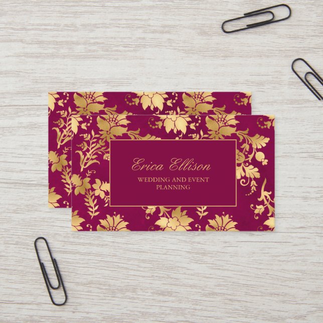 Elegant Burgundy Gold Vintage Wedding Planner Business Card (Front/Back In Situ)