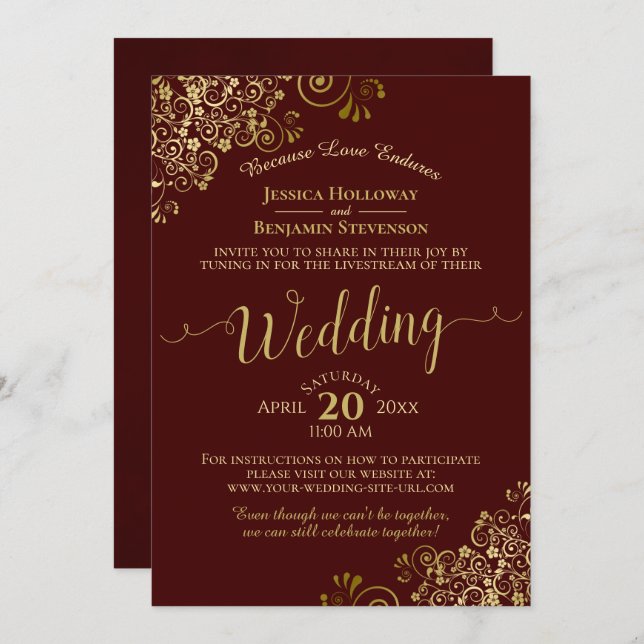 Elegant Burgundy & Gold Virtual Wedding Livestream Invitation (Front/Back)