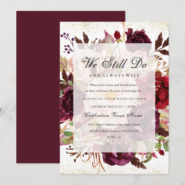 Elegant Burgundy Gold Vow Renewal Anniversary Invitation (Front/Back)