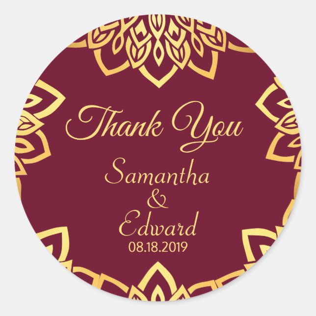 Elegant Burgundy Gold Wedding Classic Round Sticker (Front)
