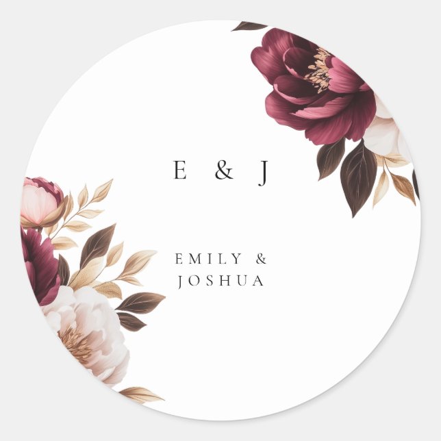 Elegant Burgundy Gold Wedding Classic Round Sticker (Front)
