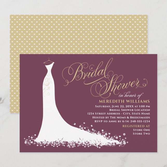 Elegant Burgundy Gold Wedding Gown Bridal Shower Invitation (Front/Back)