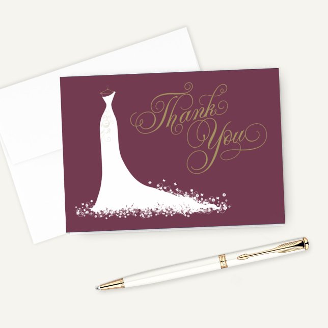 Elegant Burgundy Gold Wedding Gown Bridal Shower Thank You Card (Creator Uploaded)