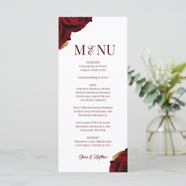 Elegant Burgundy Gold Wedding  Menu (Standing Front)