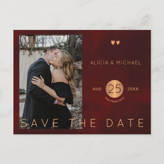 Elegant burgundy gold wedding photo save the date announcement postcard (Front)
