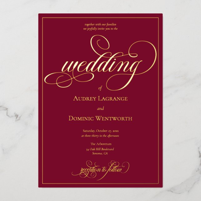 Elegant Burgundy Gold Wedding Script Calligraphy (Front)