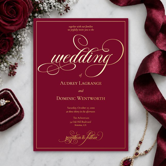 Elegant Burgundy Gold Wedding Script Calligraphy (elegant opulent classic burgundy red romantic calligraphy script gold foil wedding invitation)