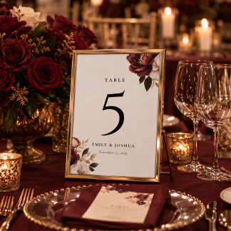 Elegant Burgundy Gold Wedding Table Number