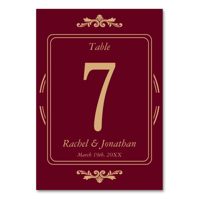Elegant Burgundy & Gold Wedding Table Number Card (Front)