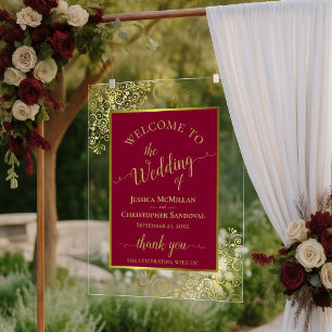 Elegant Burgundy & Gold Wedding Welcome Acrylic Sign