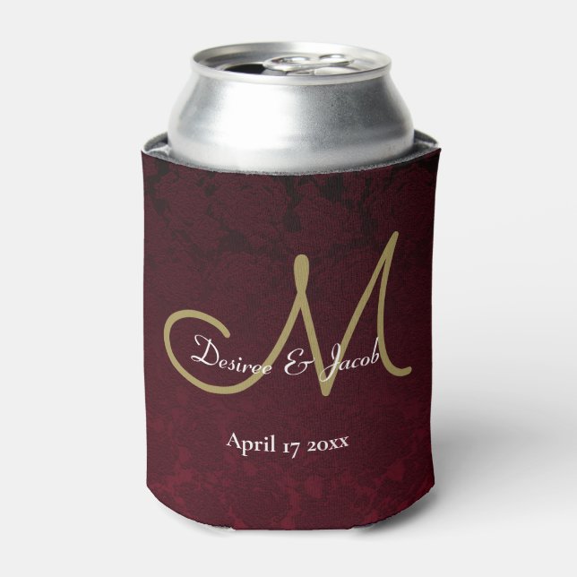 Elegant Burgundy Gold White Wedding Monogram Can Cooler (Can Front)