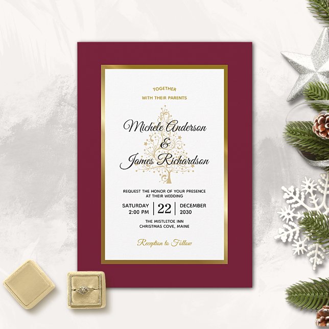 Elegant Burgundy Gold Winter Holiday Wedding Invitation (Creator Uploaded)