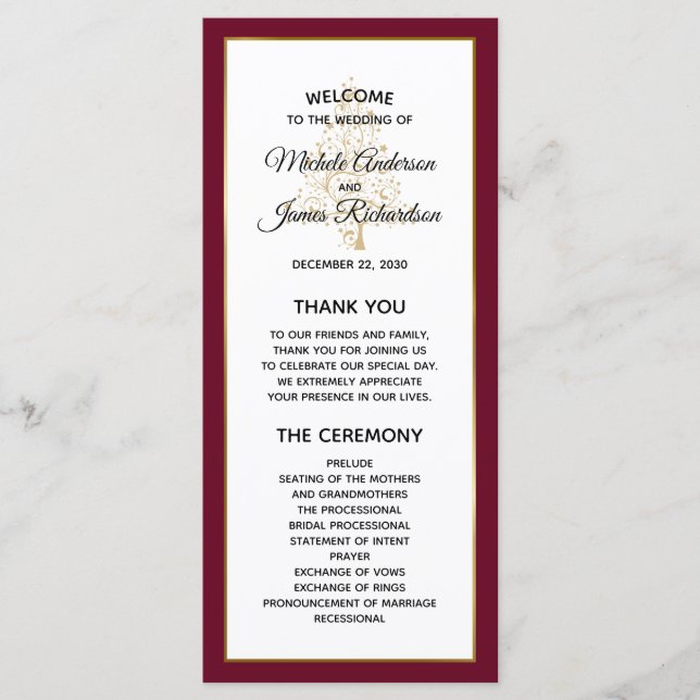 Elegant Burgundy Gold Winter Holiday Wedding Programme (Front)