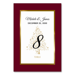 Elegant Burgundy Gold Winter Holiday Wedding Table Number