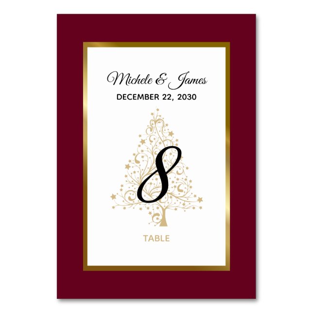 Elegant Burgundy Gold Winter Holiday Wedding Table Number (Front)