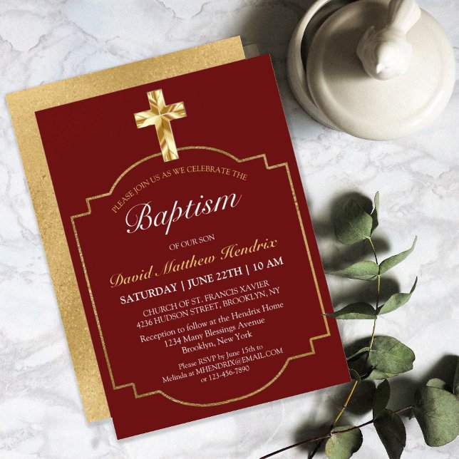 Elegant Burgundy Golden Cross Boys Baptism  Invitation (Creator Uploaded)