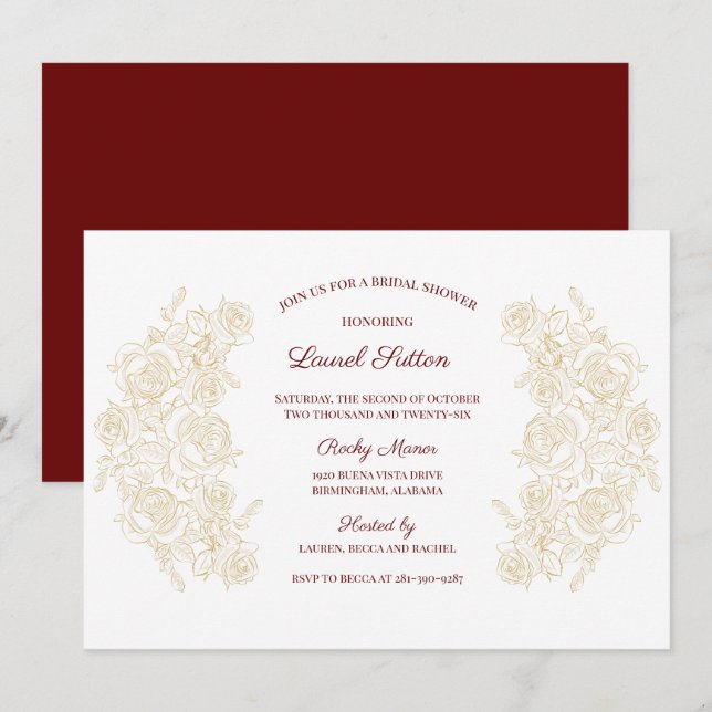 Elegant Burgundy & Golden Roses Bridal Shower Invitation (Front/Back)
