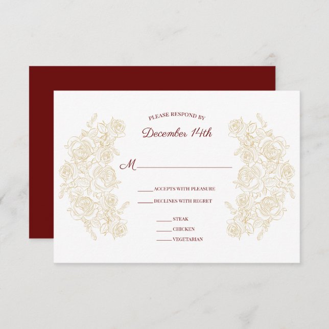 Elegant Burgundy & Golden Roses Reply Card (Front/Back)