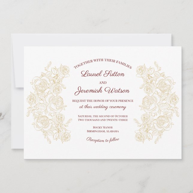 Elegant Burgundy & Golden Roses Wedding Invitation (Front)