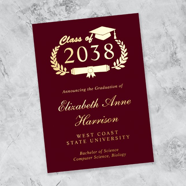 Elegant Burgundy Graduation Foil Announcement (An elegant photo collage foil graduation announcement to celebrate the graduate's achievements)