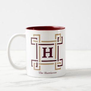 Elegant Burgundy Greek Key Family Est Monogram Two-Tone Coffee Mug