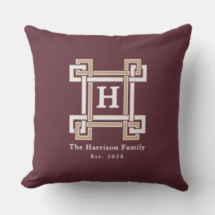 Elegant Burgundy Greek Key Monogram Custom Cushion