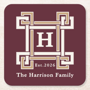 Elegant Burgundy Greek Key Monogram Custom Square Paper Coaster