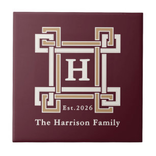 Elegant Burgundy Greek Key Monogram Custom Tile