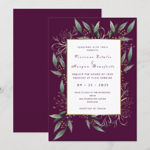 Elegant burgundy green leaf gold wedding invitation