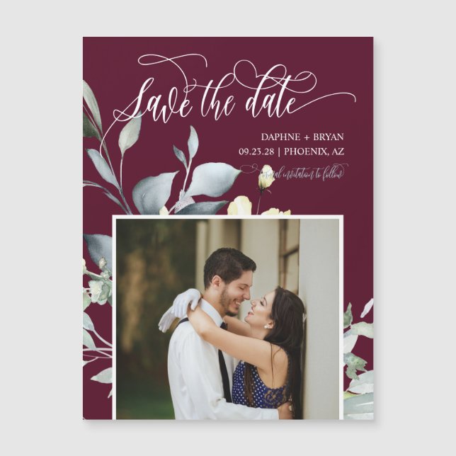 Elegant Burgundy Green Leaves Save the Date Magnet (Front)